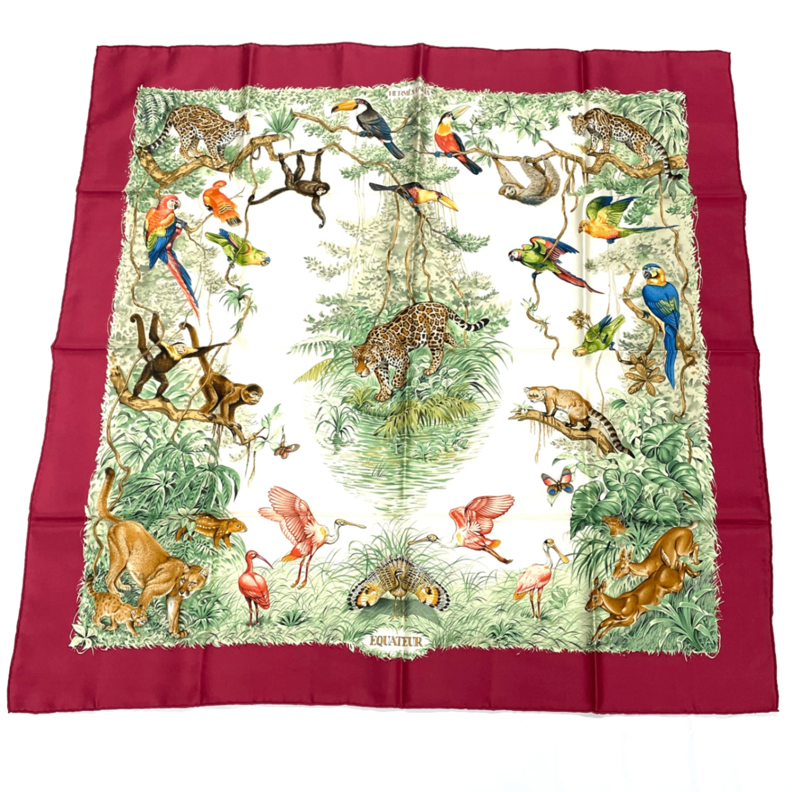 Hermes Scarf Carre 90 Equateur Red Right Under The Road Animal Bird All Over