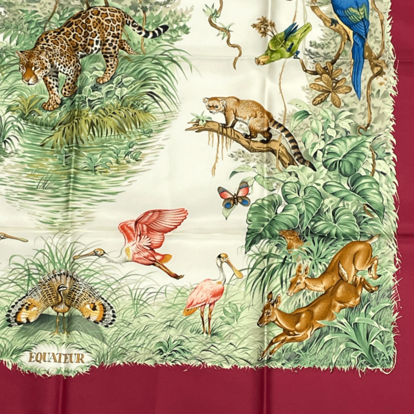 Hermes Scarf Carre 90 Equateur Red Right Under The Road Animal Bird All Over — view 5