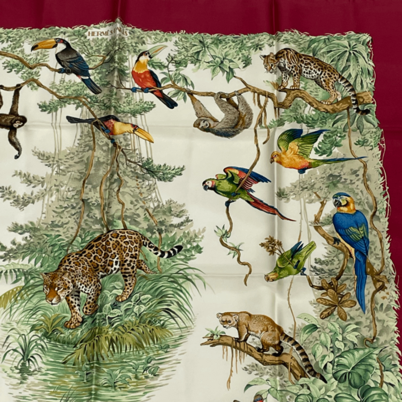 Hermes Scarf Carre 90 Equateur Red Right Under The Road Animal Bird All Over — view 3