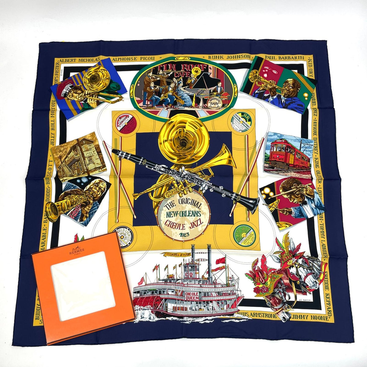 Hermes Carre 90 The Original New Orleans Creole Jazz New Scarf Silk Navy