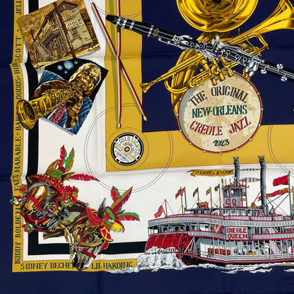 Hermes Carre 90 The Original New Orleans Creole Jazz New Scarf Silk Navy — view 5