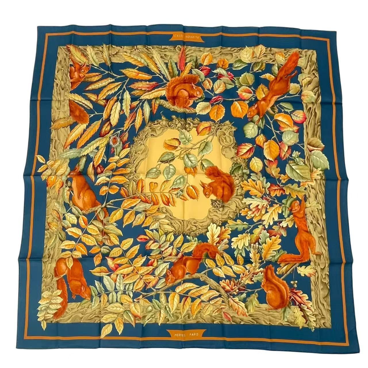Hermes Carre 90 Casse Noisette Nutcracker Squirrel Pattern Nut Scarf Silk Navy