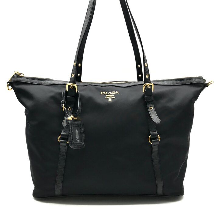 Prada Nylon Tessuto Logo Saffiano Leather Tote Shoulder Bag Black