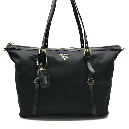 Prada Nylon Tessuto Logo Saffiano Leather Tote Shoulder Bag Black