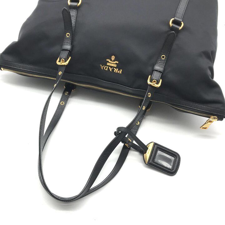 Prada Nylon Tessuto Logo Saffiano Leather Tote Shoulder Bag Black — view 6