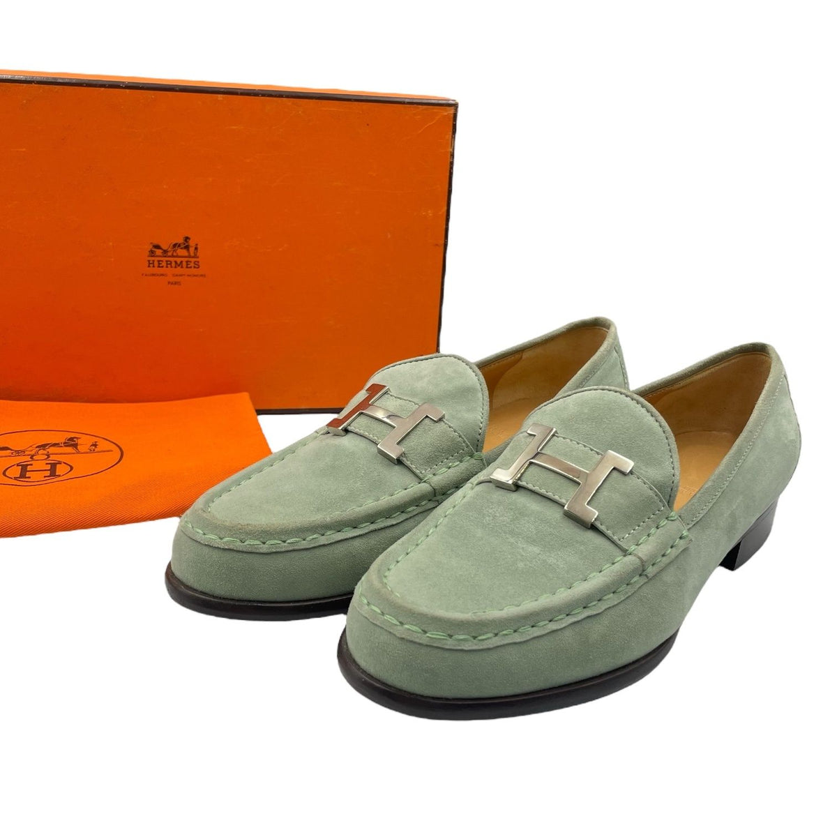 Hermes Loafers Suede Leather Moccasins Constance Mint Green