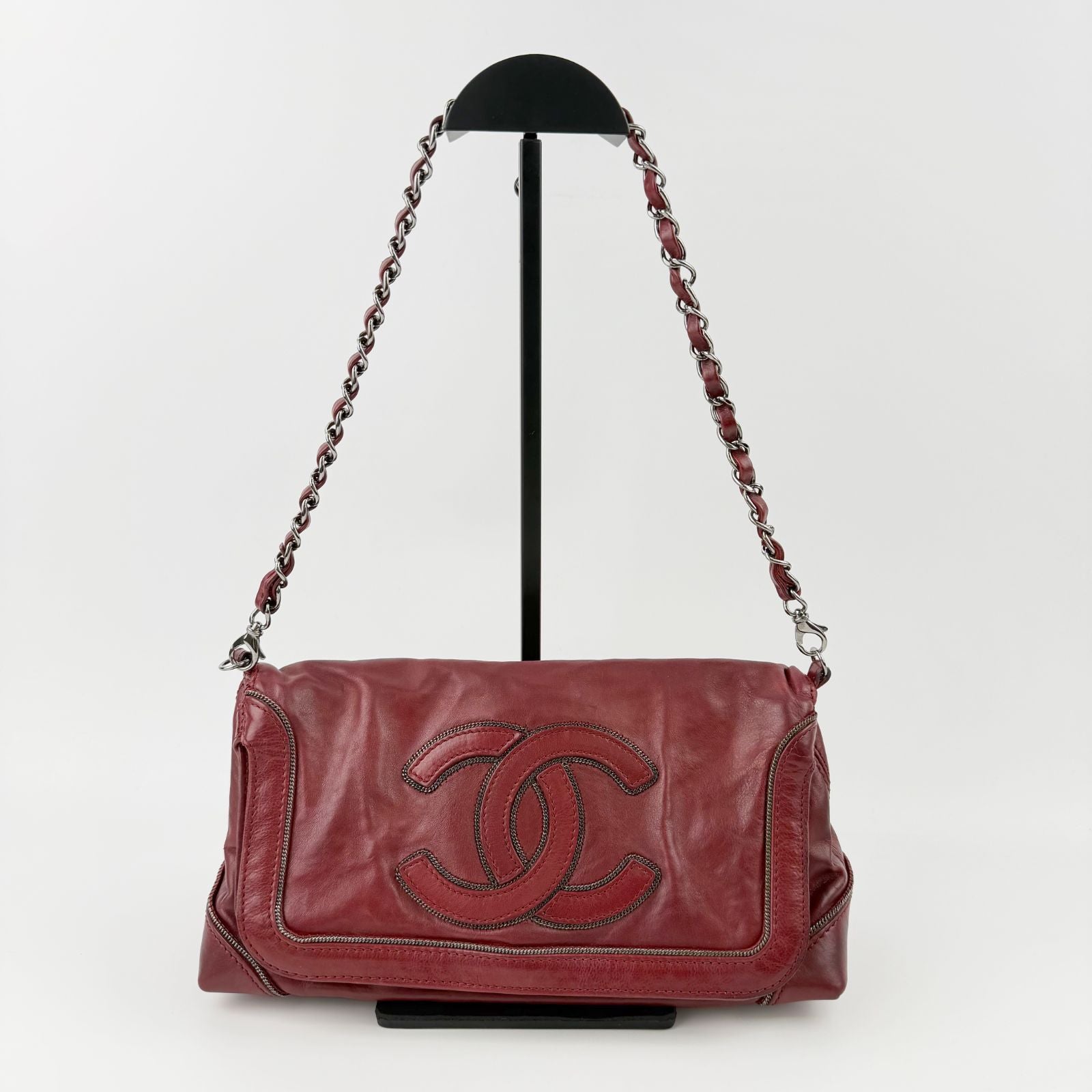 Chanel CC Logo Chain Shoulder Bag Leather Red Silver Vintage