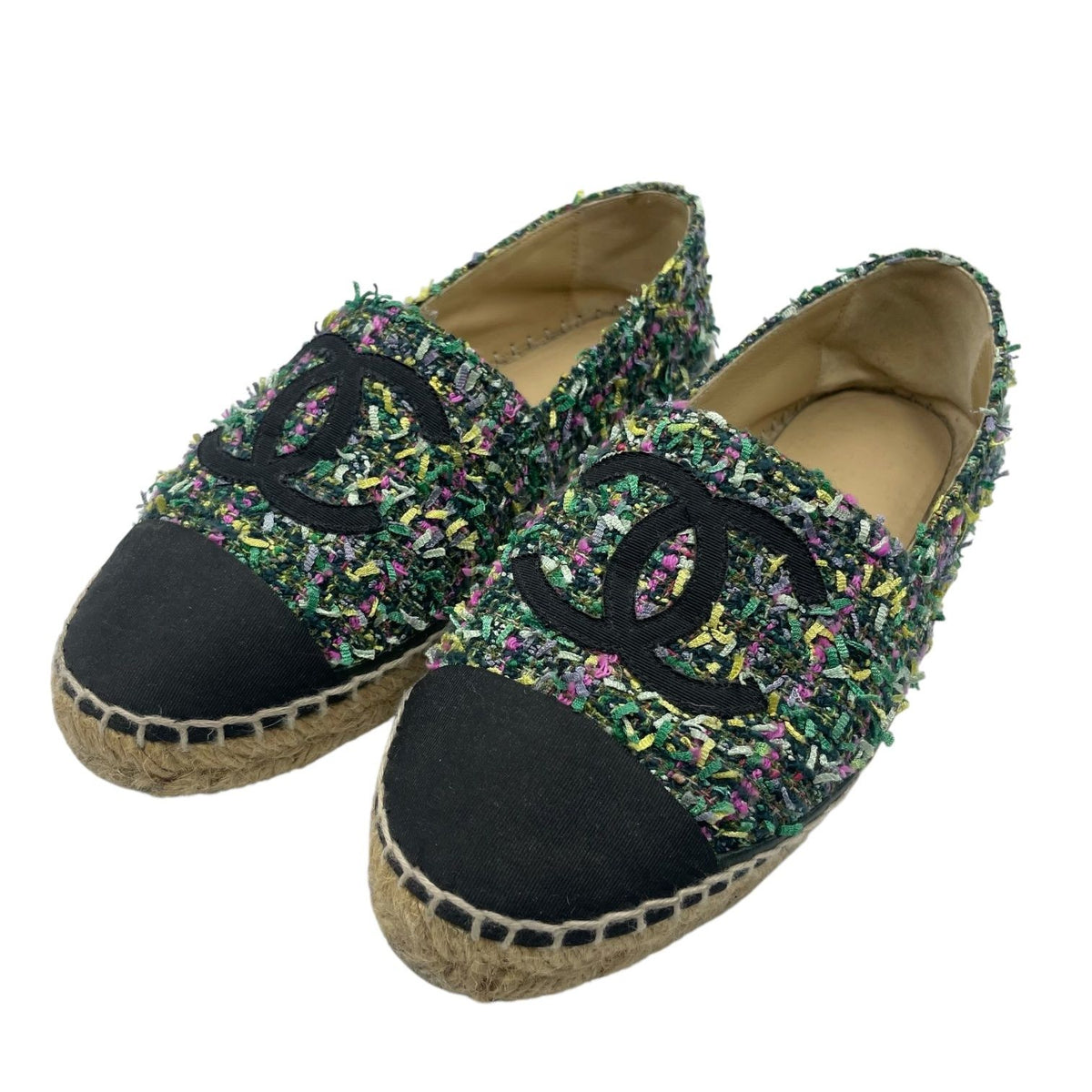 Chanel Espadrilles Husse Tweed CC Logo Green Multicolor