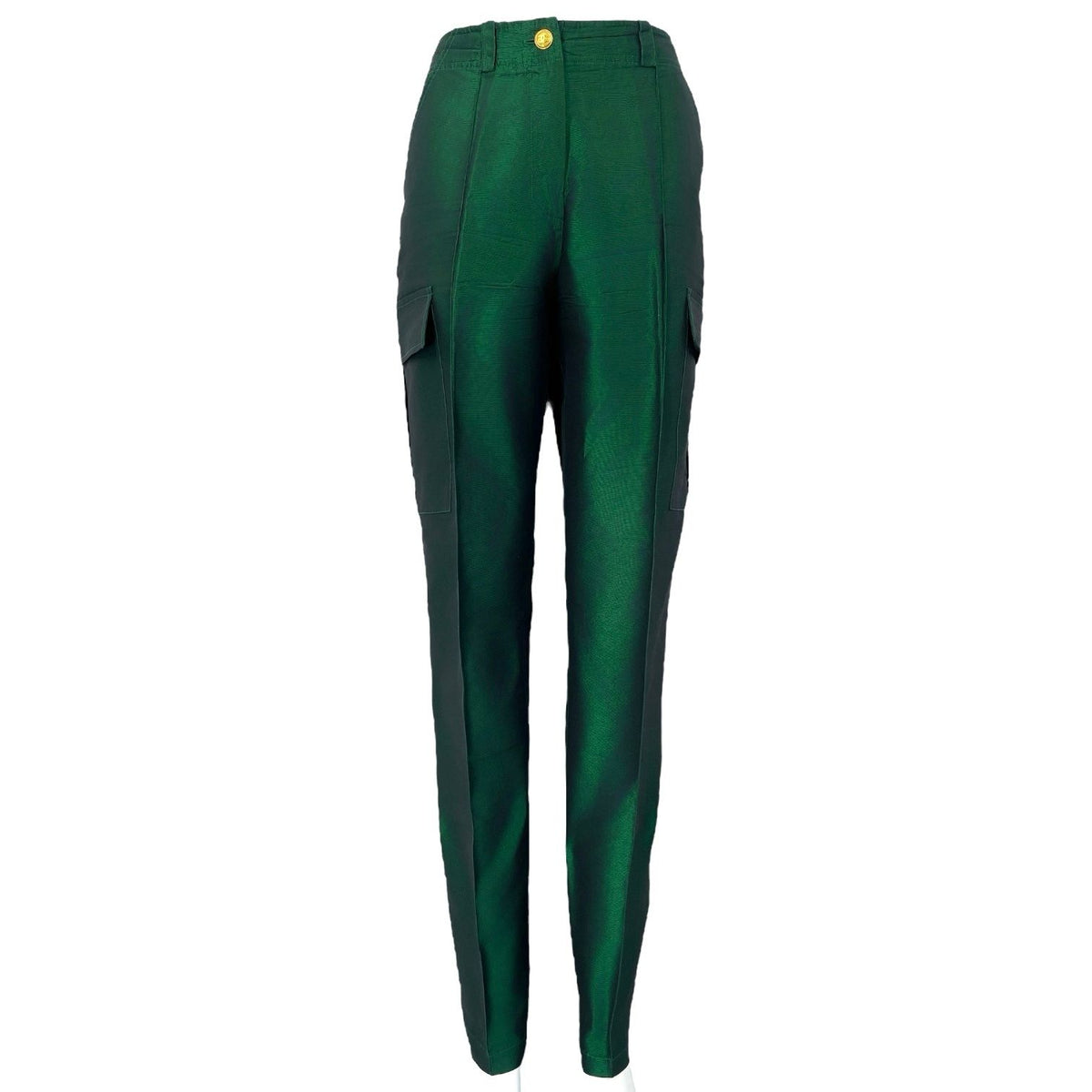 Chanel 96A Coco Button Gold Silk Pants Green