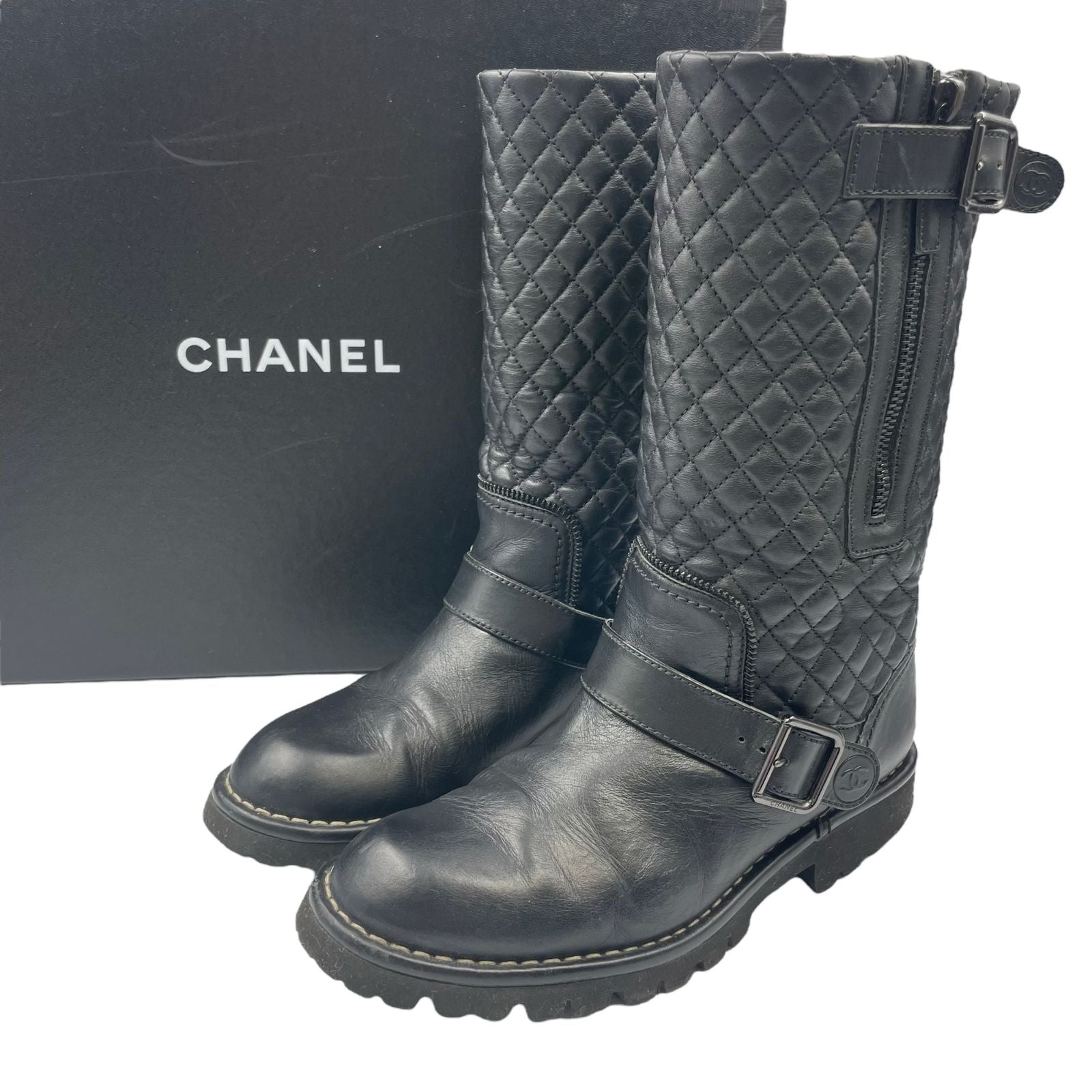 Chanel Engineer Boots Quilted Leather Side CC Logo Black