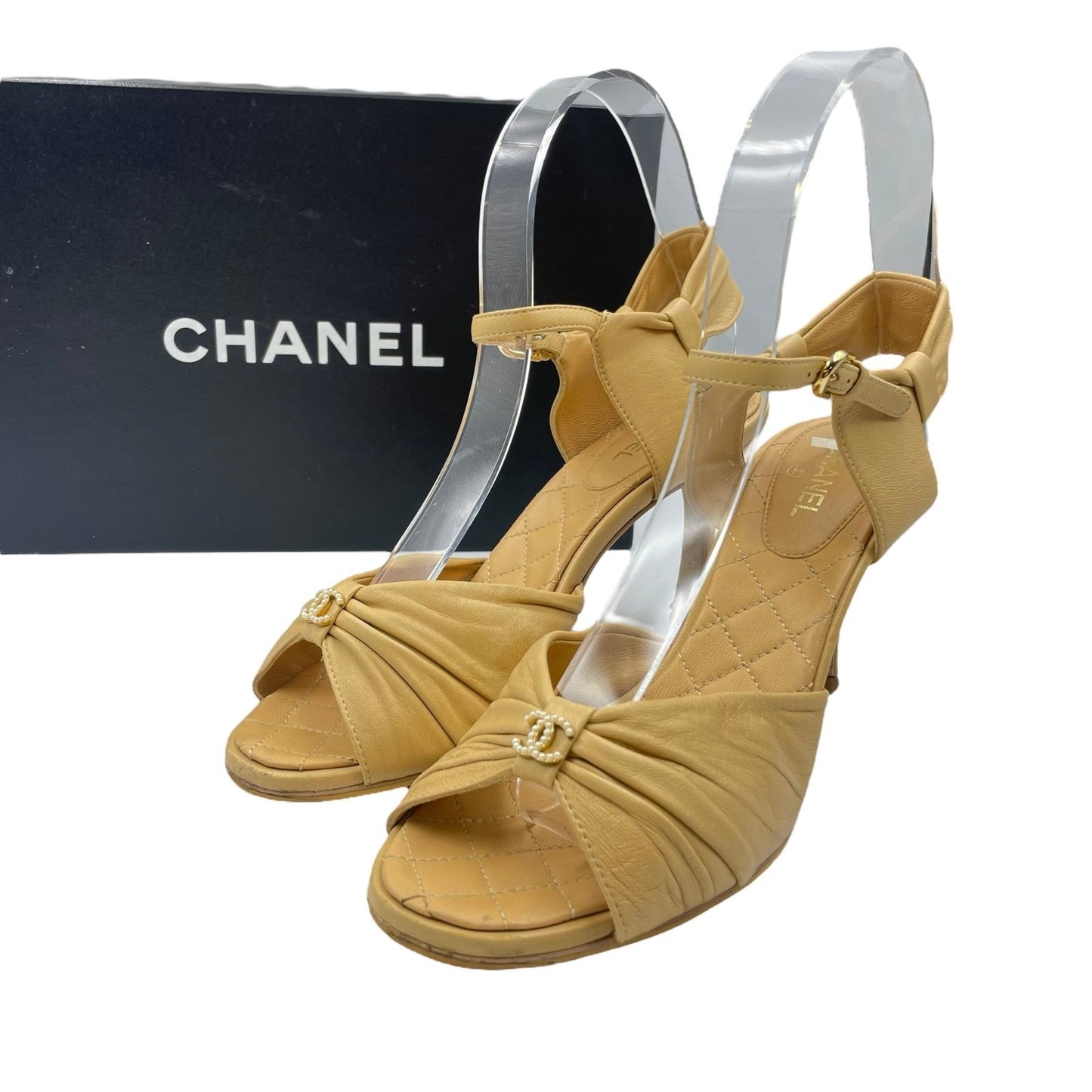Chanel Sandals Leather CC Logo Beige