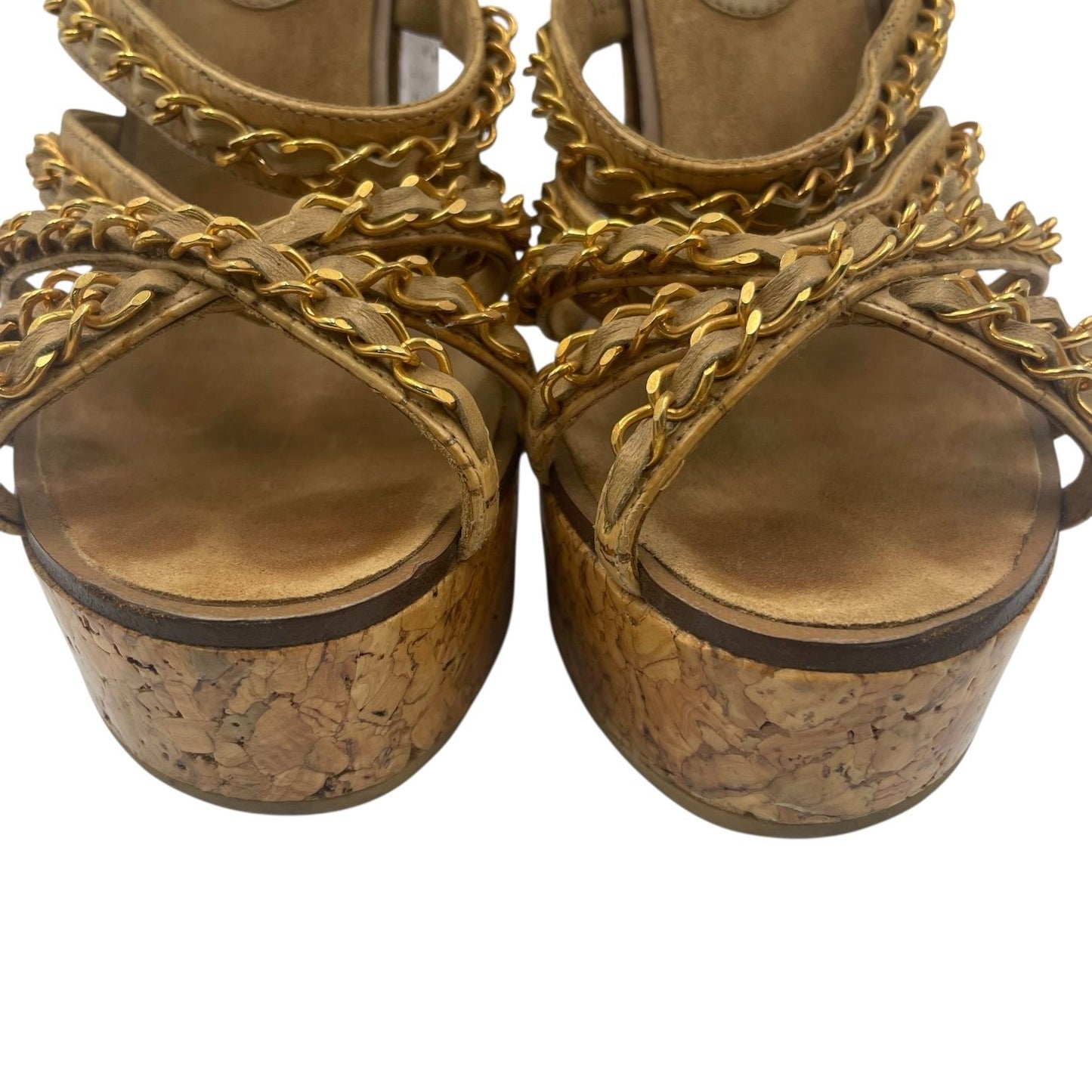 Chanel Sandals Leather Patent Cork CC Logo Thick Sole Chain Wedge Beige — view 5