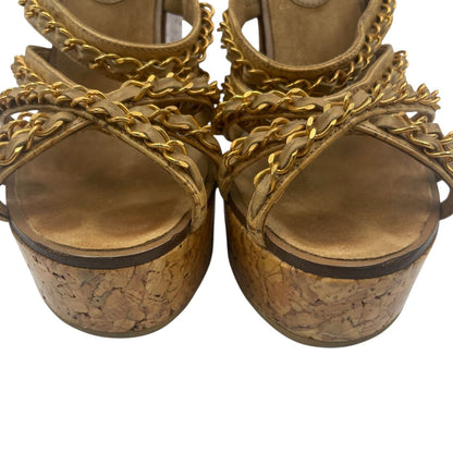 Chanel Sandals Leather Patent Cork CC Logo Thick Sole Chain Wedge Beige — view 5