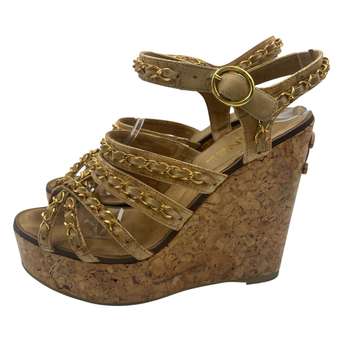 Chanel Sandals Leather Patent Cork CC Logo Thick Sole Chain Wedge Beige — view 2