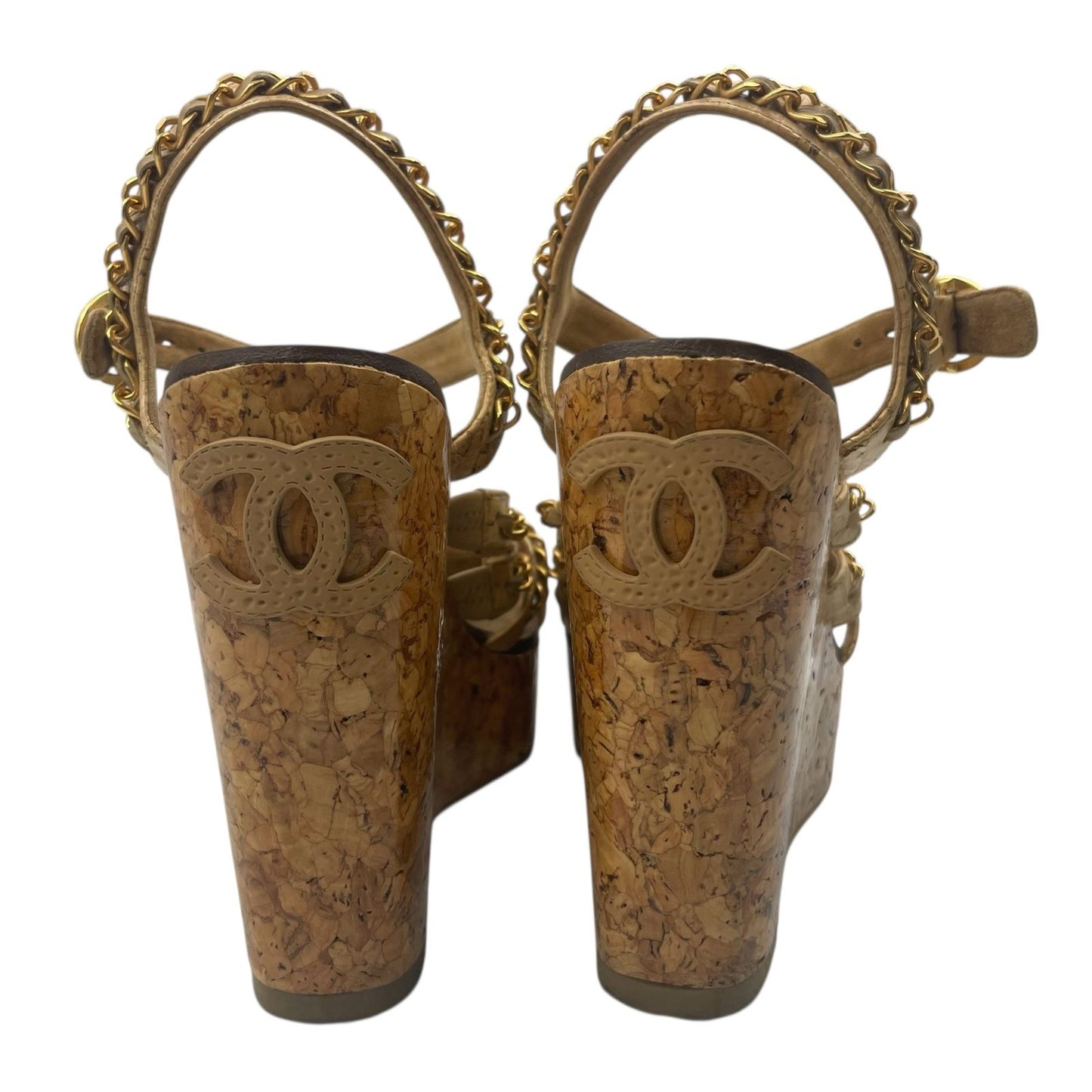 Chanel Sandals Leather Patent Cork CC Logo Thick Sole Chain Wedge Beige — view 6