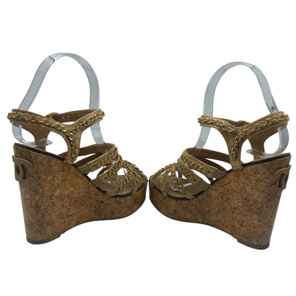 Chanel Sandals Leather Patent Cork CC Logo Thick Sole Chain Wedge Beige — view 4