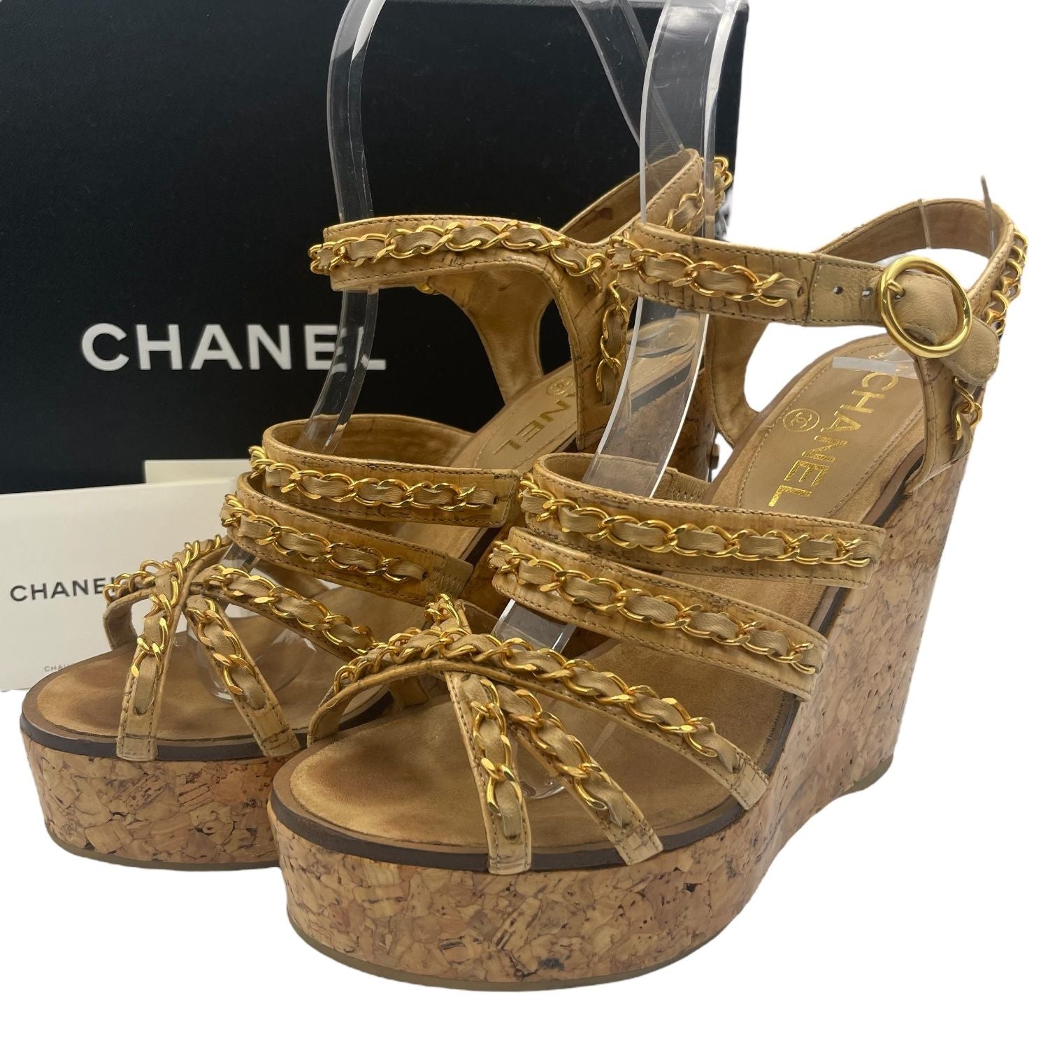 Chanel Sandals Leather Patent Cork CC Logo Thick Sole Chain Wedge Beige