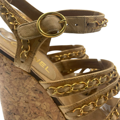 Chanel Sandals Leather Patent Cork CC Logo Thick Sole Chain Wedge Beige — view 7