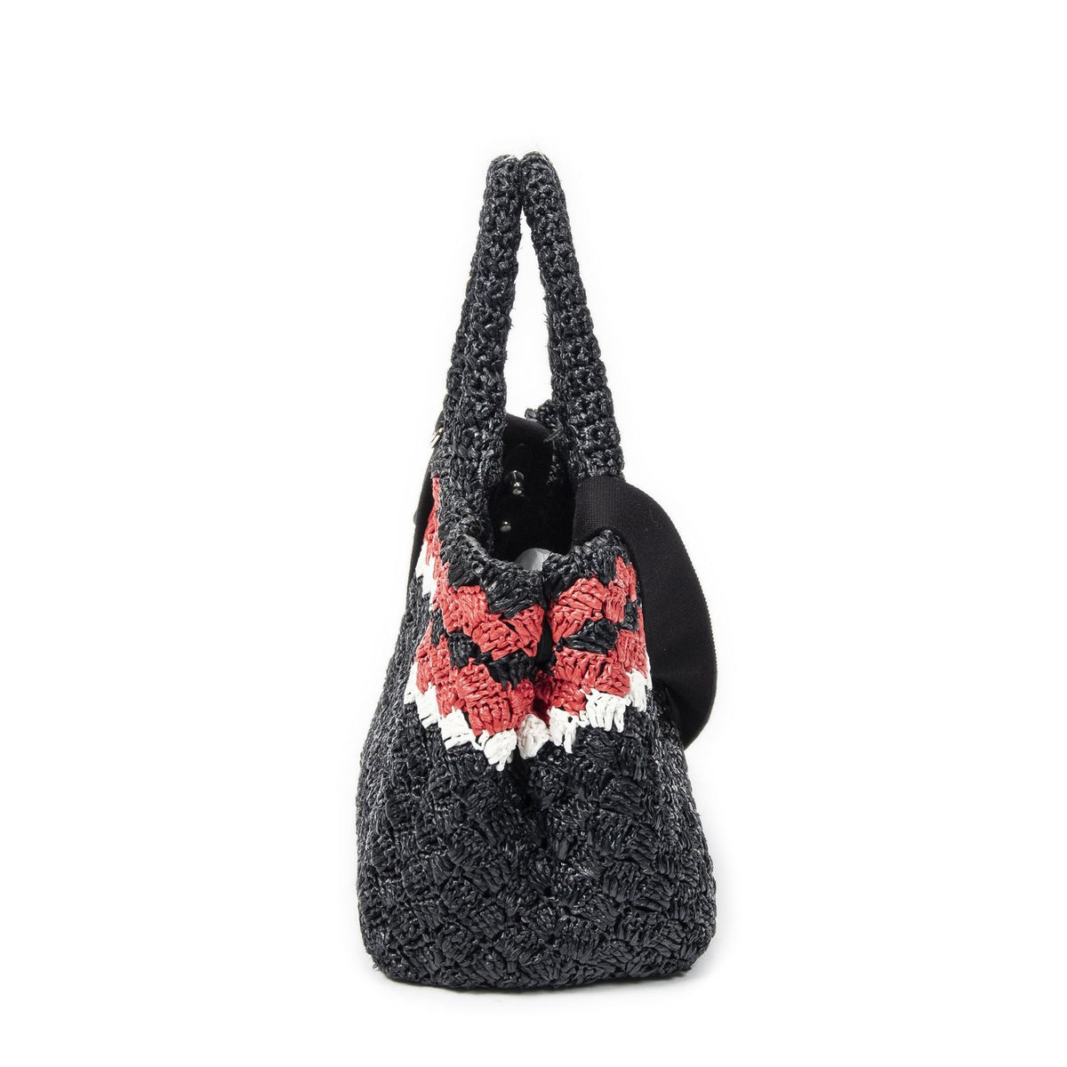 Prada Canapa Small Tote Bag Black Red Raffia Crochet Canvas — view 3