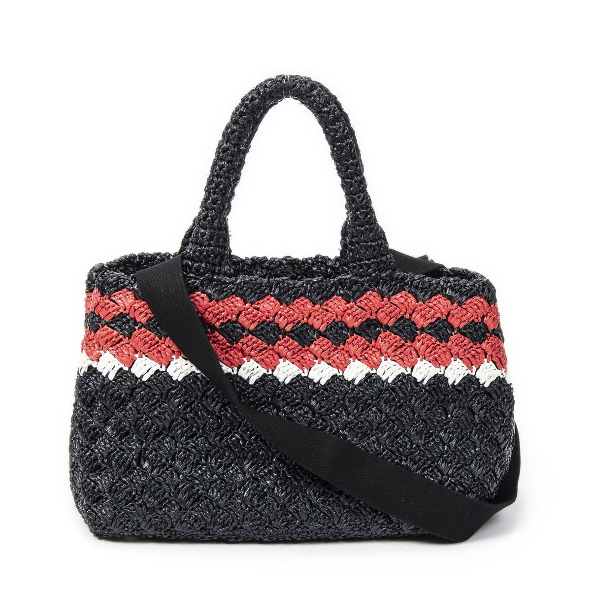 Prada Canapa Small Tote Bag Black Red Raffia Crochet Canvas — view 5