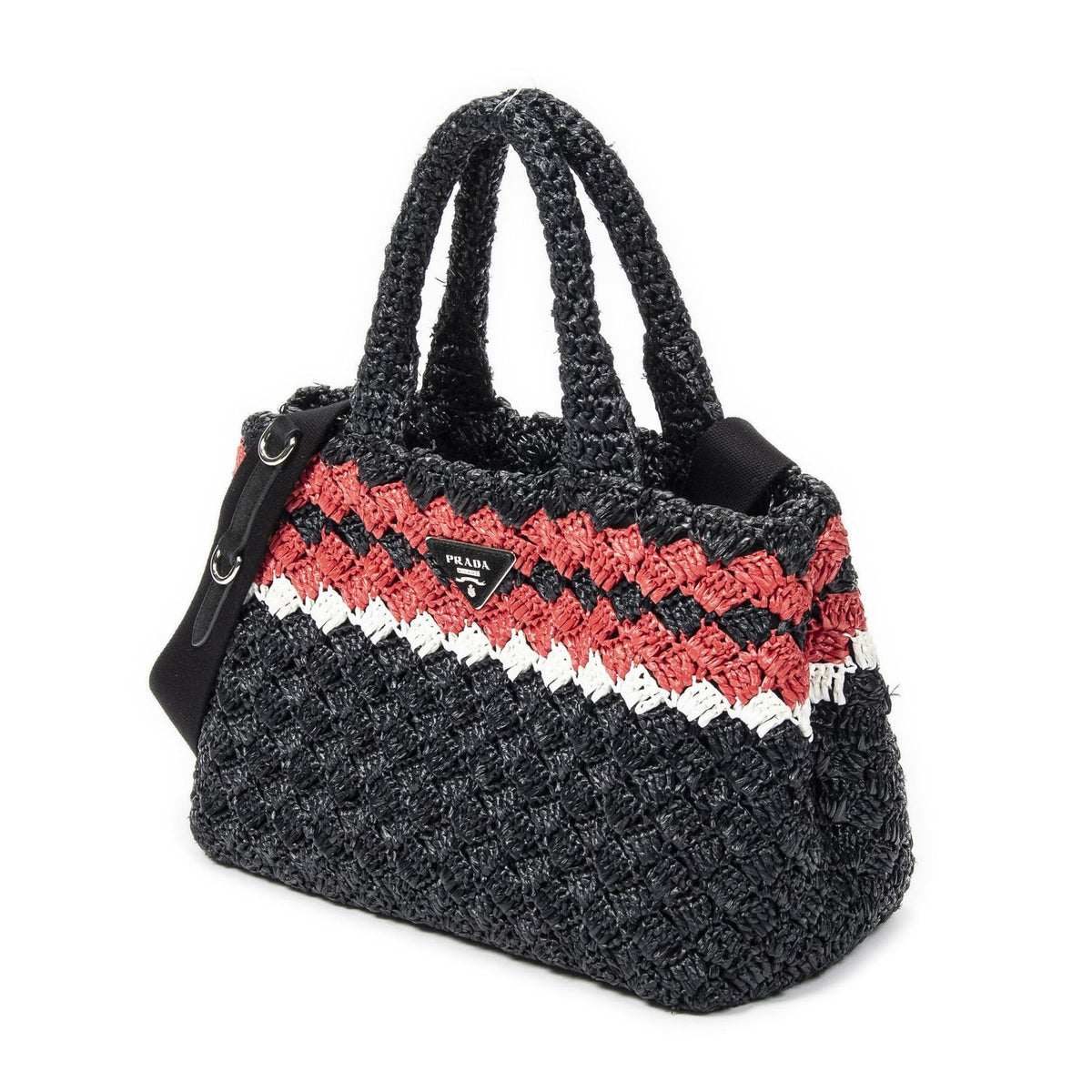 Prada Canapa Small Tote Bag Black Red Raffia Crochet Canvas — view 2