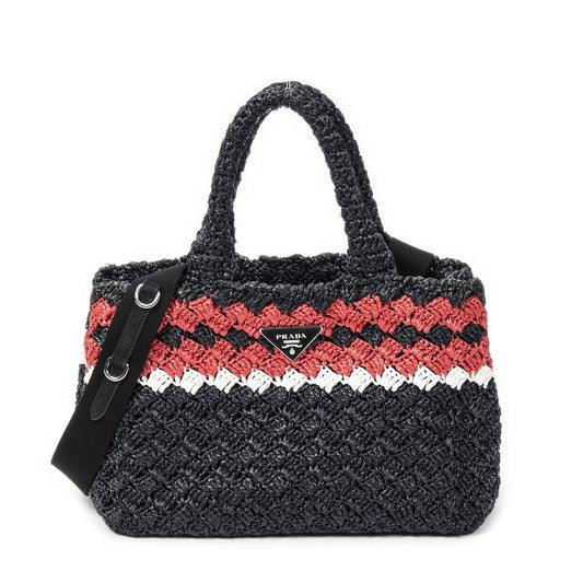 Prada Canapa Small Tote Bag Black Red Raffia Crochet Canvas