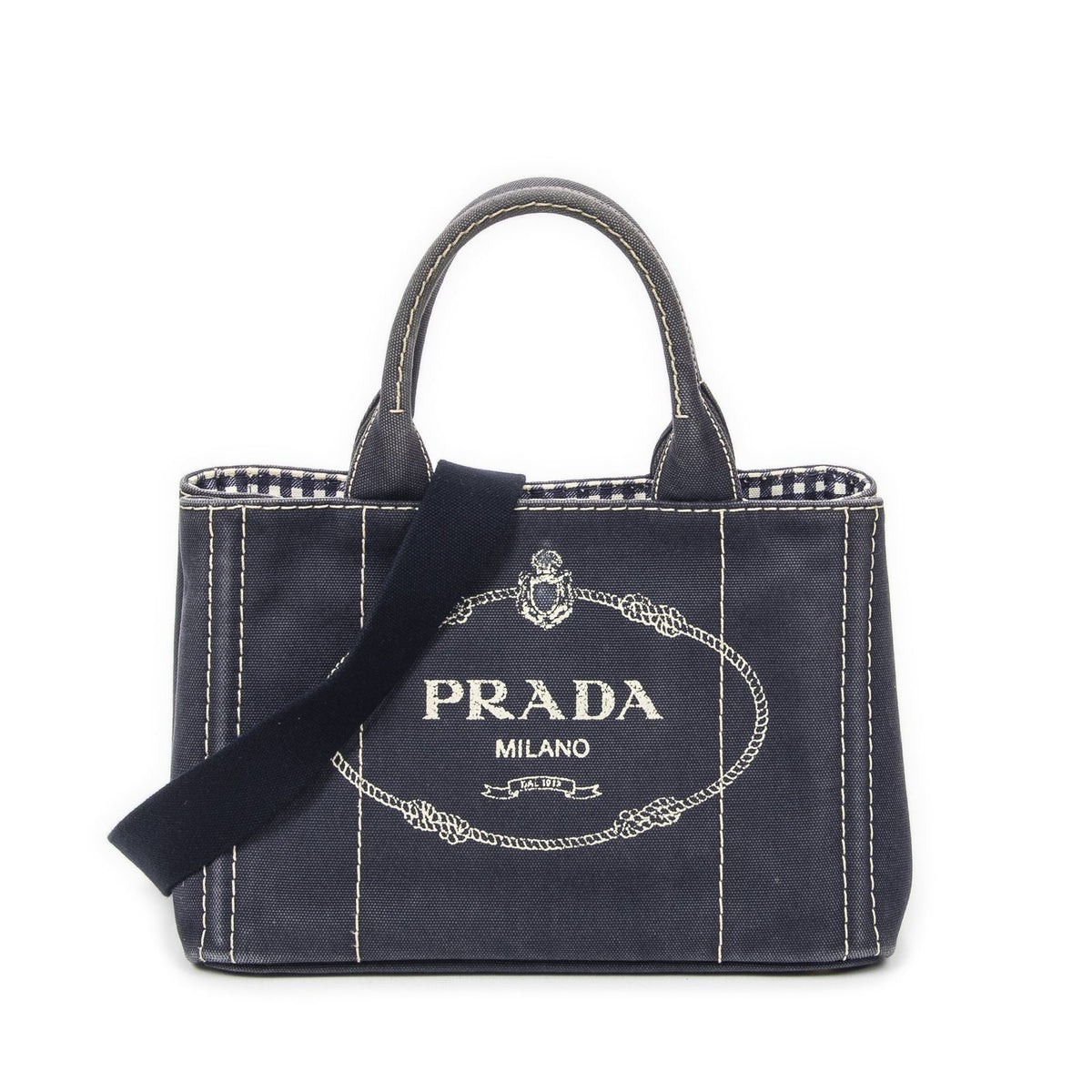 Prada Canapa Small Tote Bag Navy Canvas
