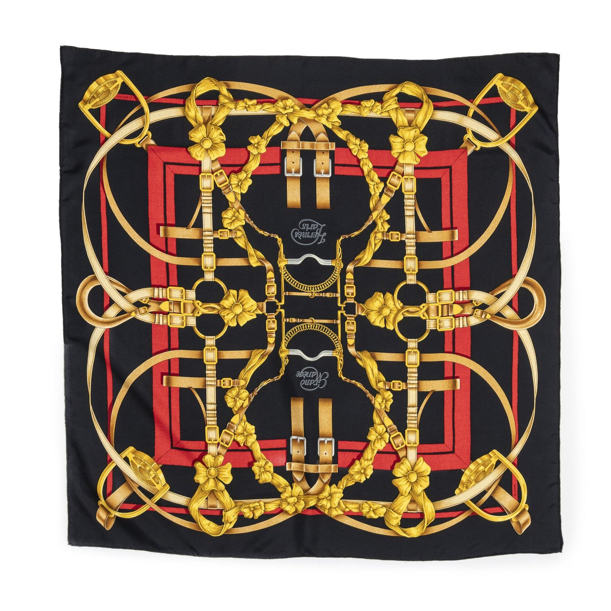 Hermes Scarf Black Red 100% Gold Twill Silk — view 2