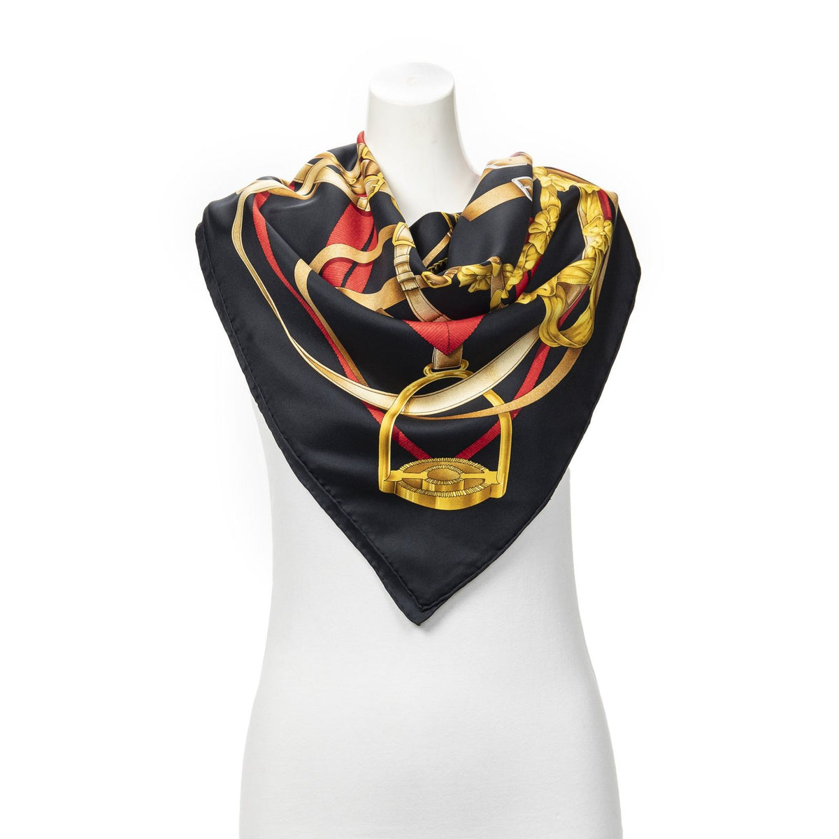 Hermes Scarf Black Red 100% Gold Twill Silk — view 6