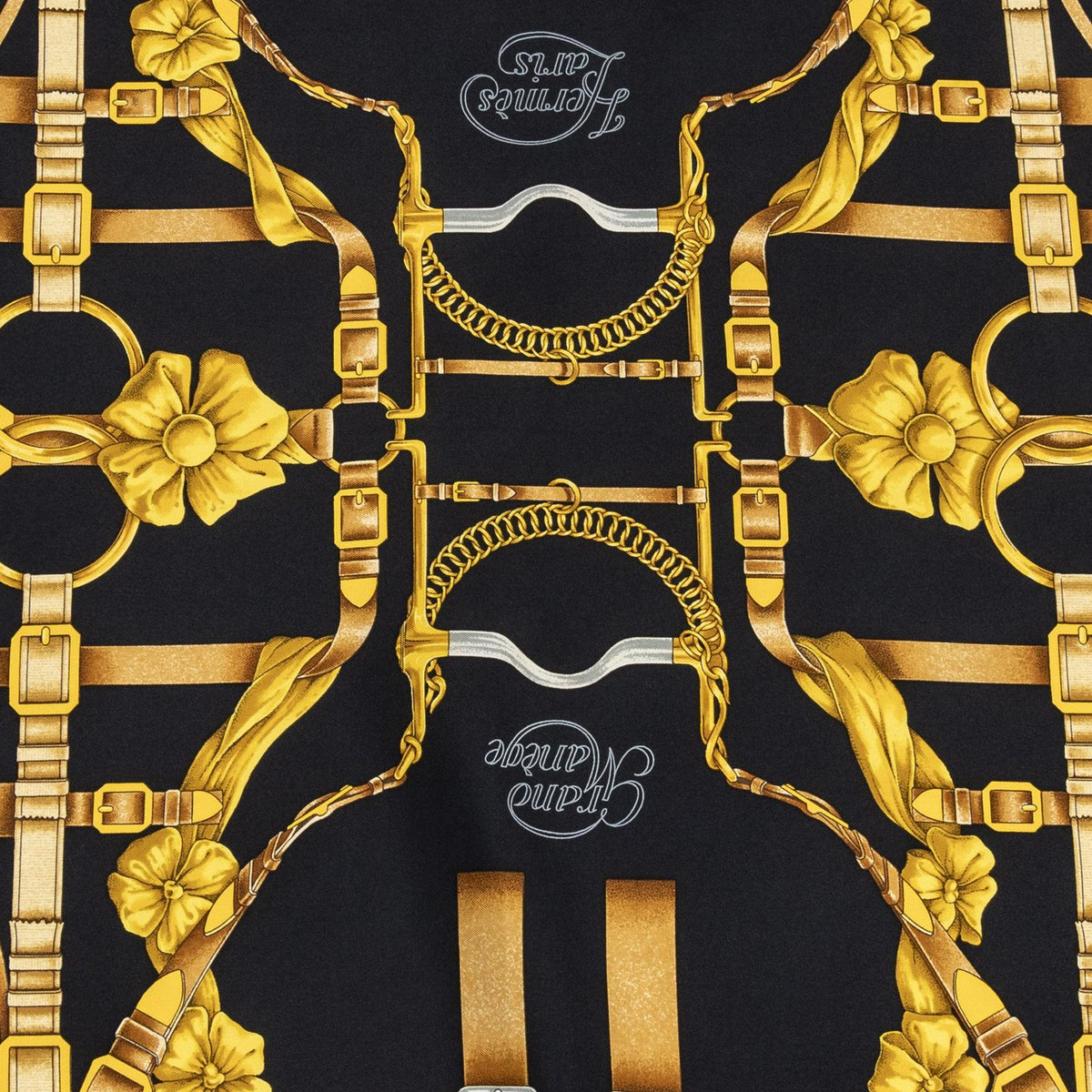 Hermes Scarf Black Red 100% Gold Twill Silk — view 8