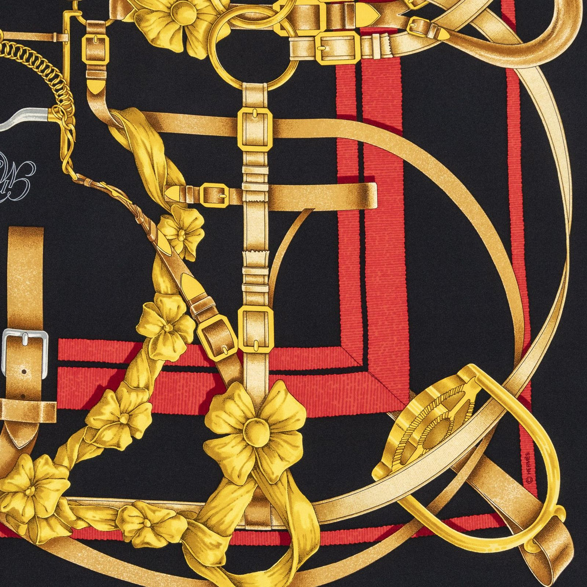 Hermes Scarf Black Red 100% Gold Twill Silk — view 4