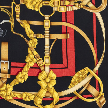Hermes Scarf Black Red 100% Gold Twill Silk — view 4