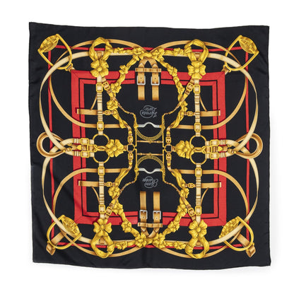 Hermes Scarf Black Red 100% Gold Twill Silk — view 7