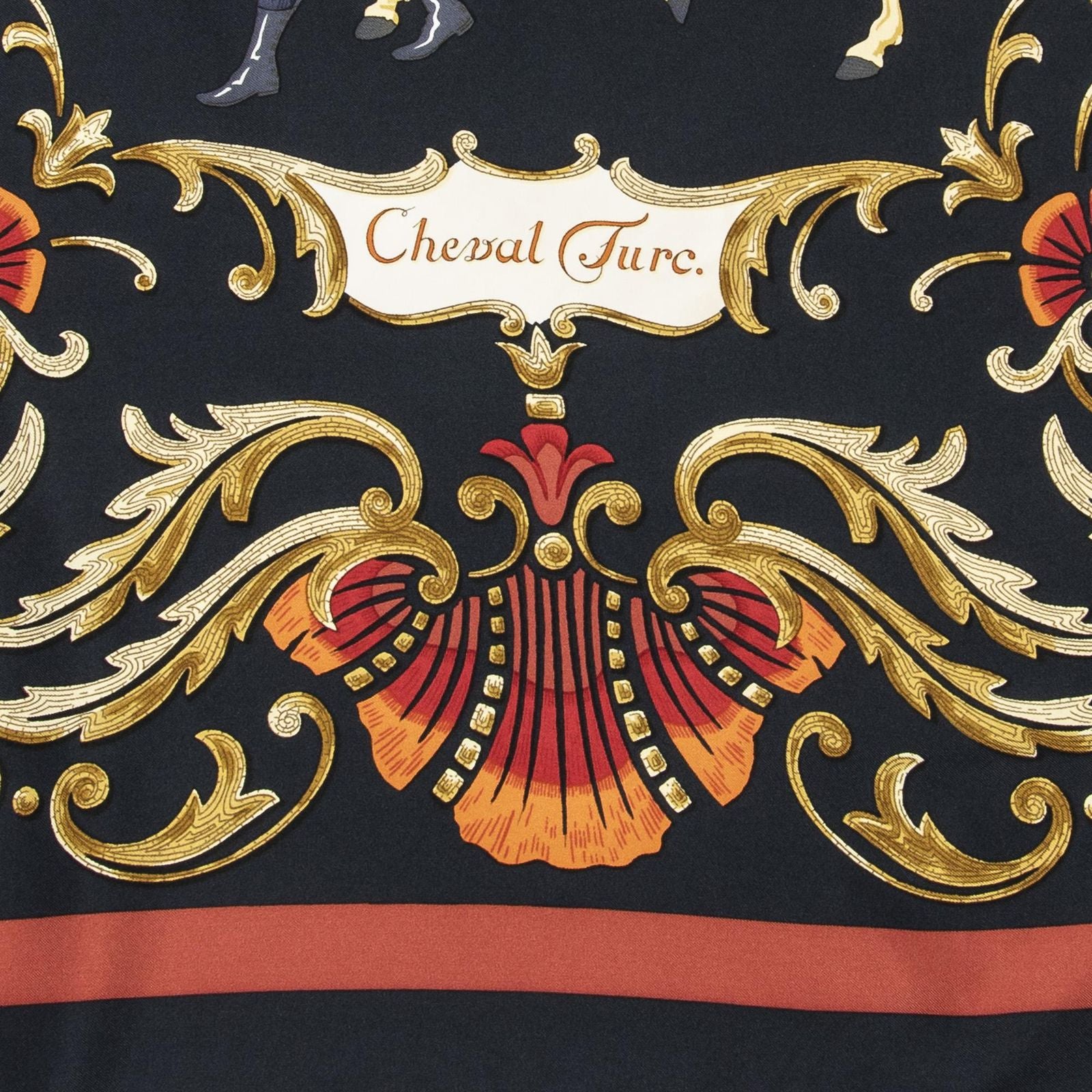 Hermes Scarf Black Red 100% Gold Twill Silk — view 4