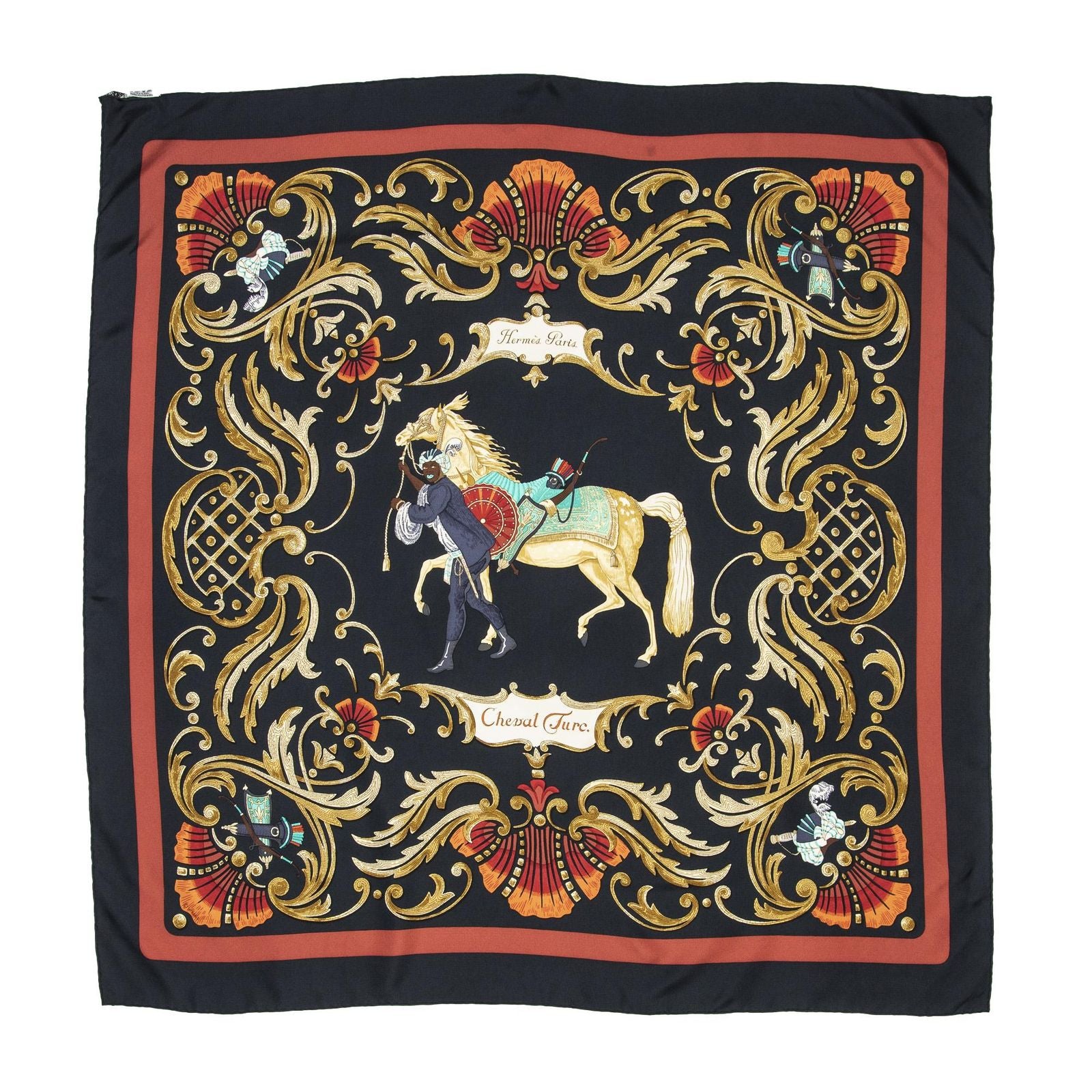 Hermes Scarf Black Red 100% Gold Twill Silk — view 2