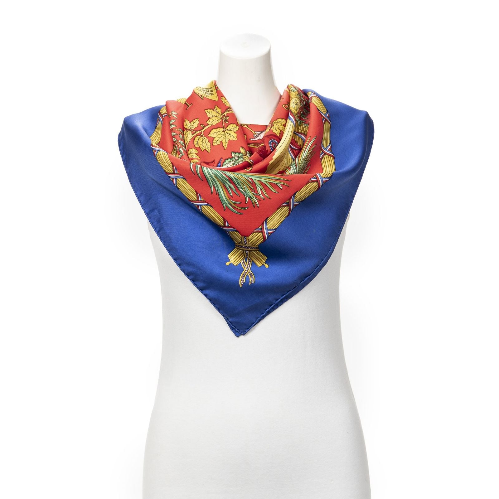 Hermes Scarf Blue Red 100% Gold Twill Silk — view 6