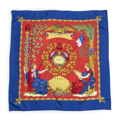 Hermes Scarf Blue Red 100% Gold Twill Silk — view 7