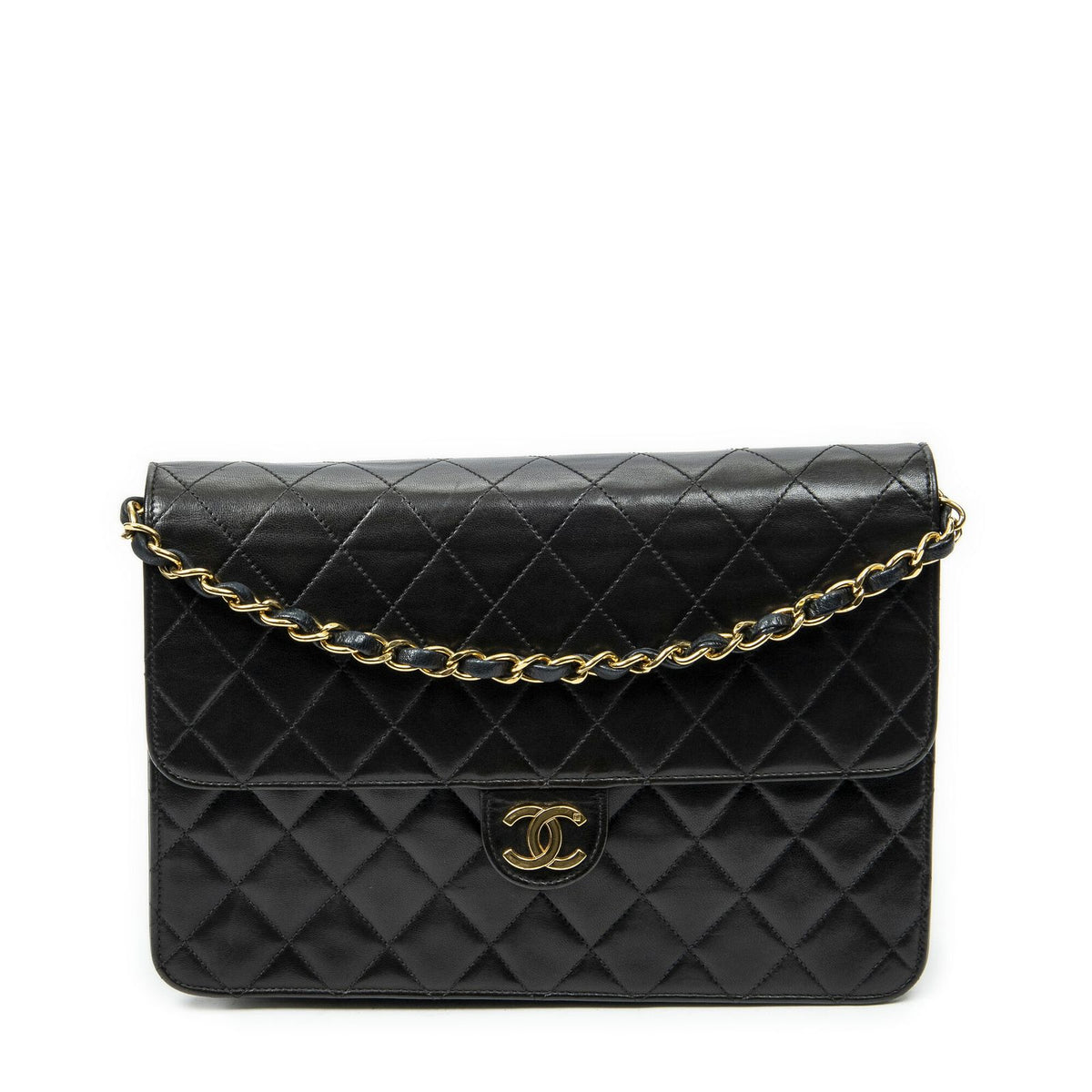 Chanel Vintage Pushlock Straight Flap Bag Black Quilted Lambskin Leather