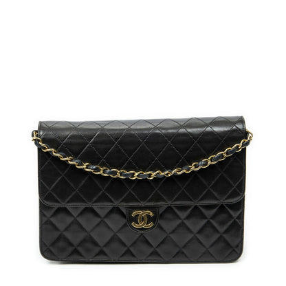 Chanel Vintage Pushlock Straight Flap Bag Black Quilted Lambskin Leather