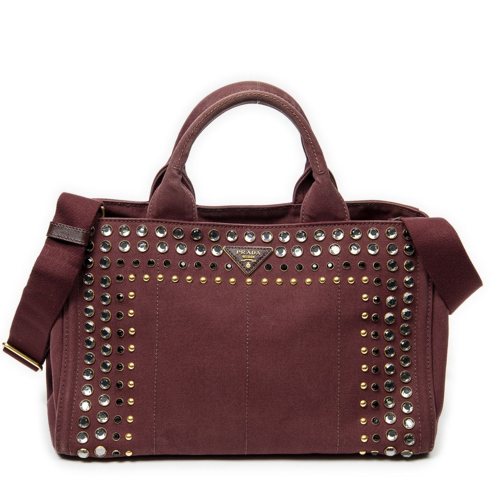 Prada Large Rhinestone Canapa Tote Bag Burgundy Studded Canvas