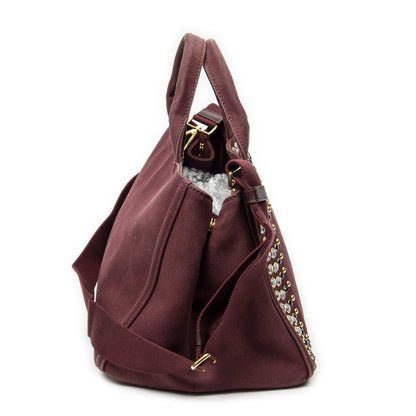 Prada Large Rhinestone Canapa Tote Bag Burgundy Studded Canvas — view 4