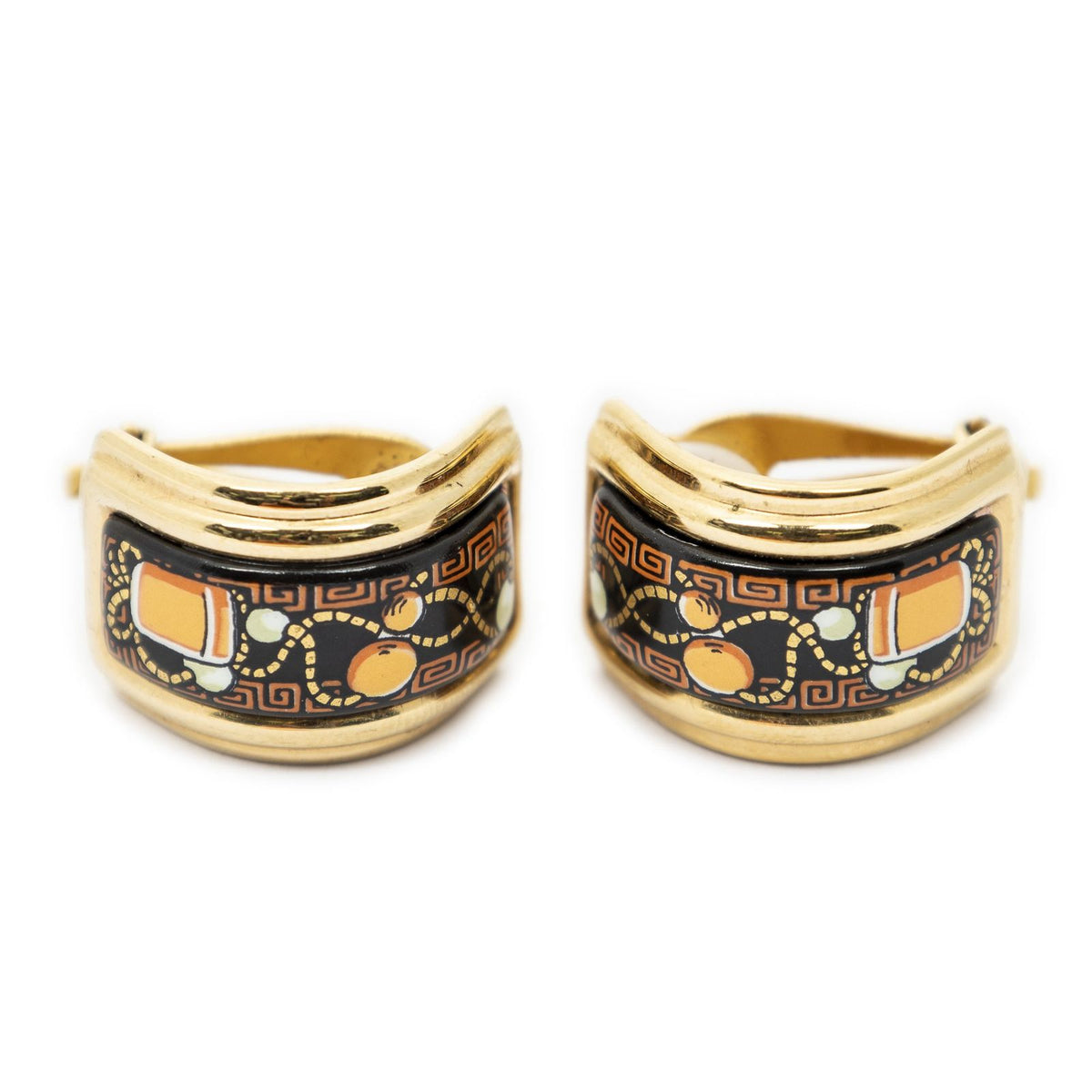 Hermes Enamel Clip On Earrings Black Orange Gold Plated