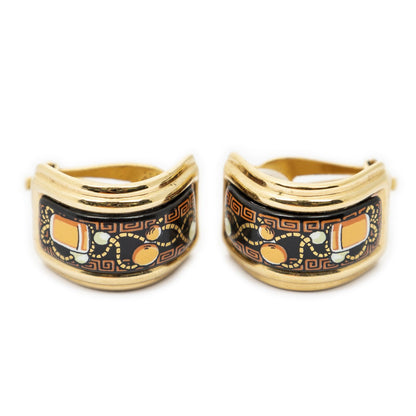 Hermes Enamel Clip On Earrings Black Orange Gold Plated