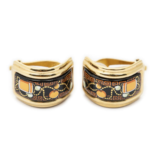 Hermes Enamel Clip On Earrings Black Orange Gold Plated