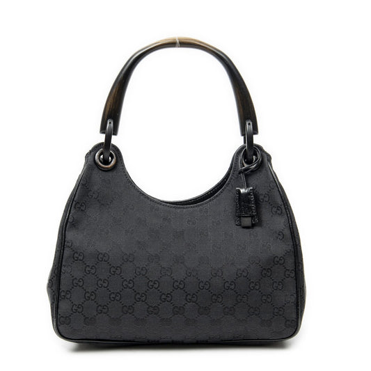 Gucci Small Wooden Handle Colbert Hobo Black GG Canvas