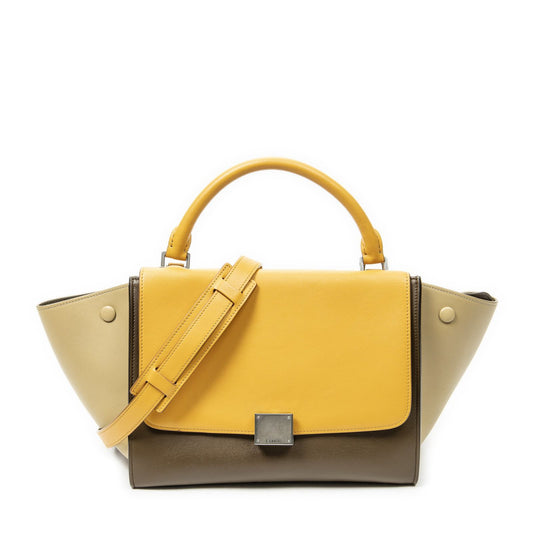 Celine Small Tricolor Trapeze Brown Orange Beige Calfskin Leather Messenger Bag