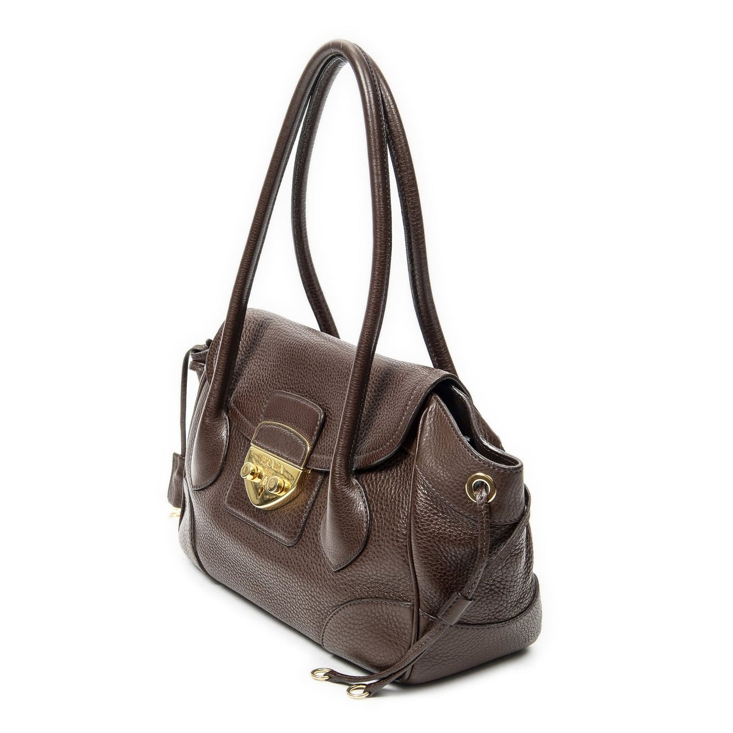 Prada Side Drawstring Push Lock Flap Bag Dark Brown Vitello Dyno — view 2