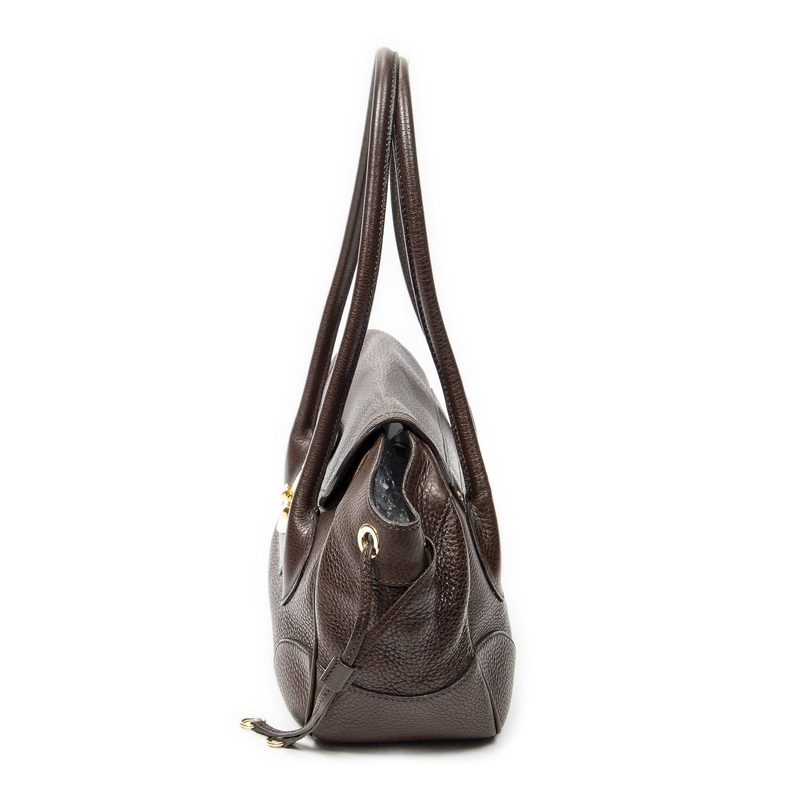 Prada Side Drawstring Push Lock Flap Bag Dark Brown Vitello Dyno — view 3