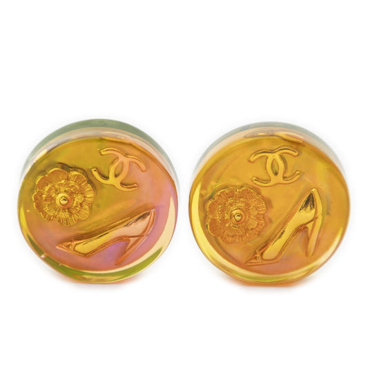 Chanel CC Resin Holographic Camellia Round Clip On Earrings Gold
