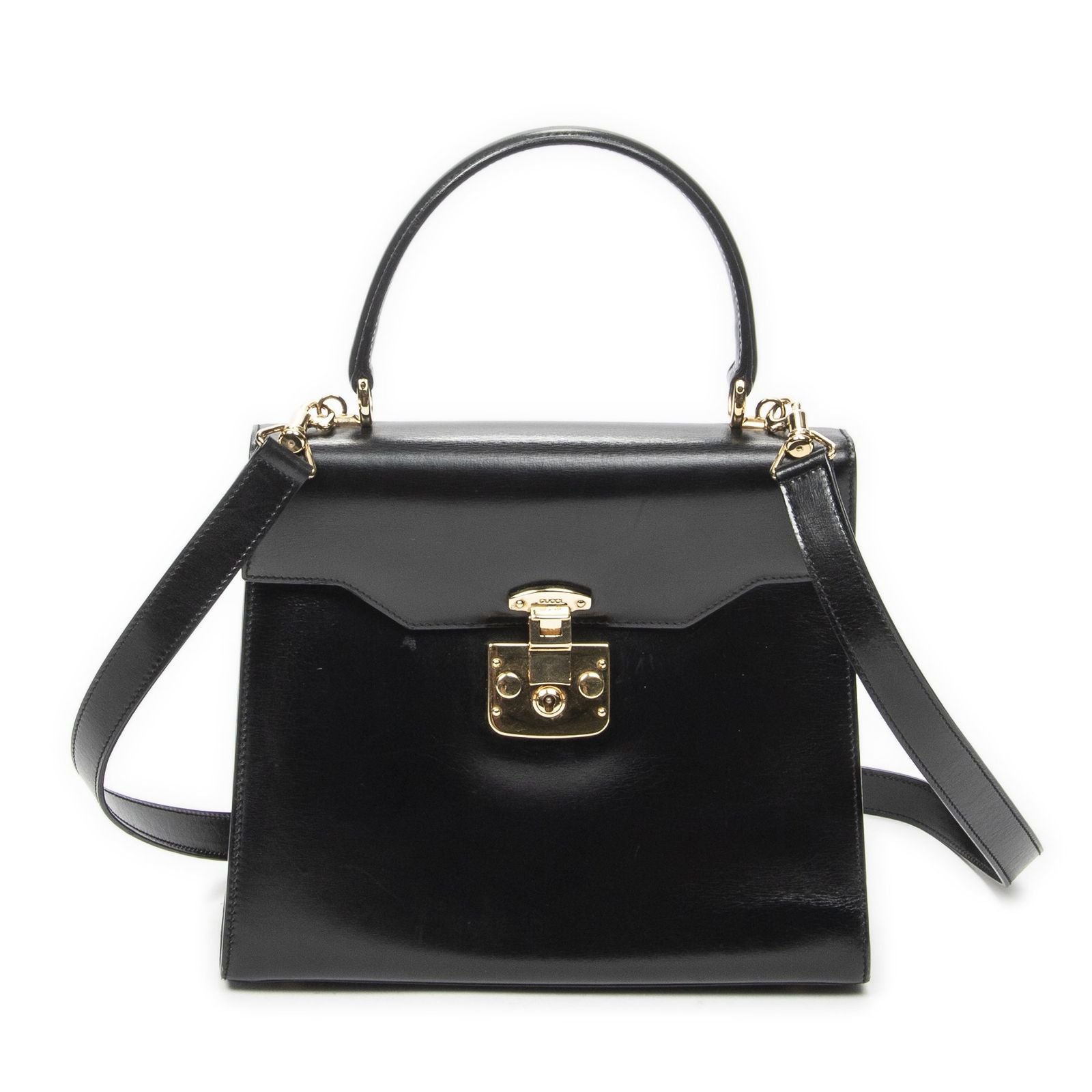 Gucci Vintage Flap Bag Top Handle Black Smooth Calfskin